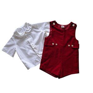 Vintage Toddler Girls 2-Piece Red Velour Short Overalls & White Shirt Outfit 3T